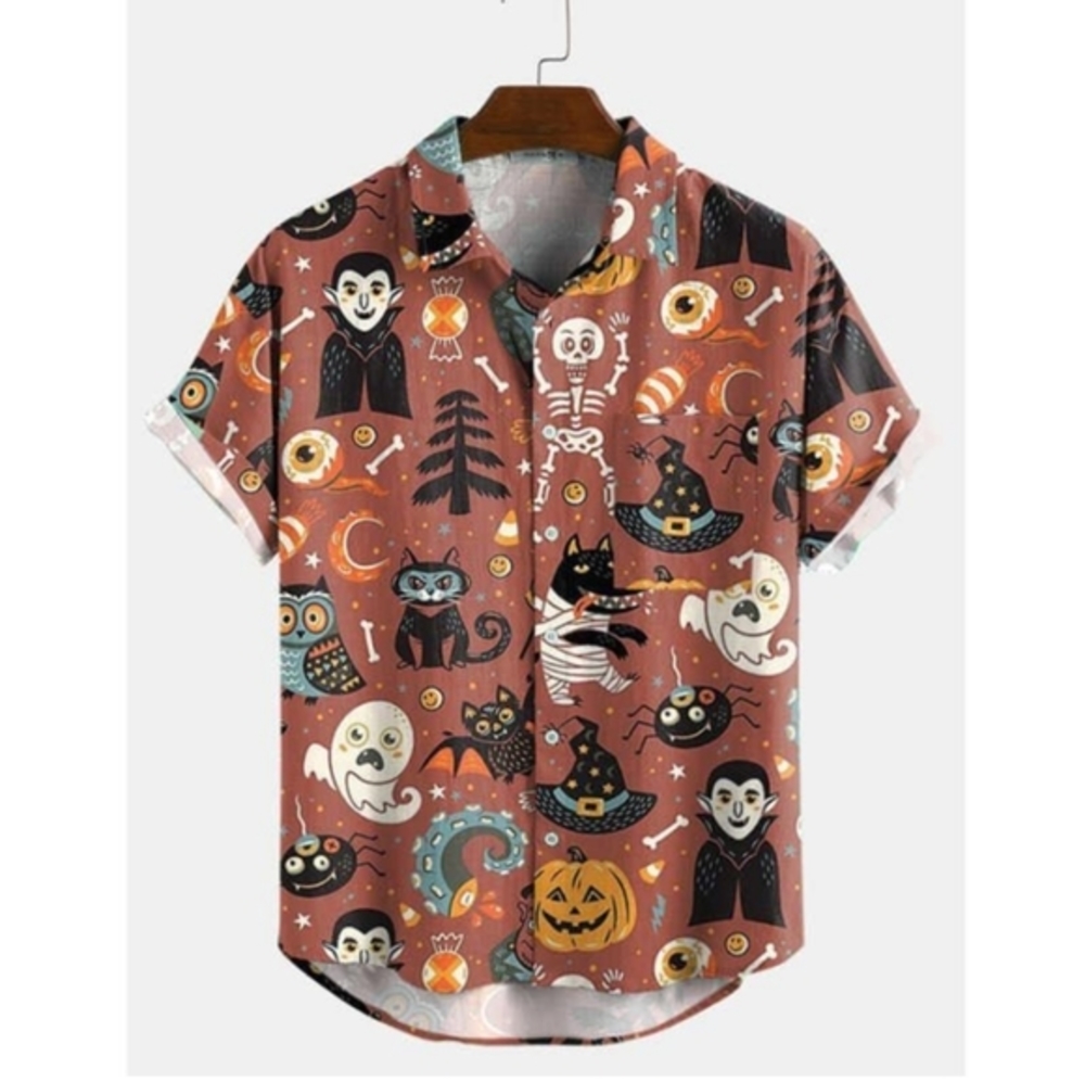 Halloween Printed Button Down Short Sleeve Hawaiian Shirt NWT Large ChArmpKpR
